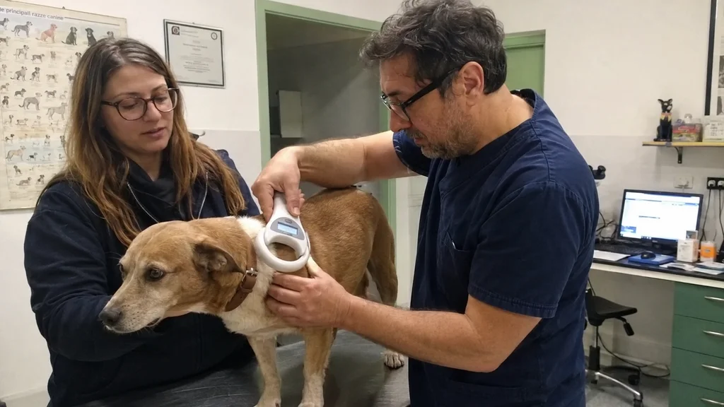 Veterinario che controlla il microchip di un cane